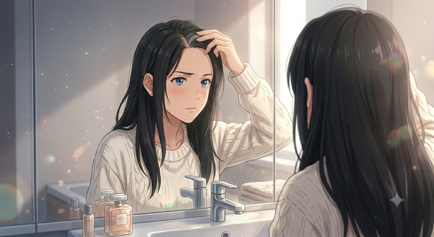 鏡に映る自分の白髪をつまんで確かめる女性