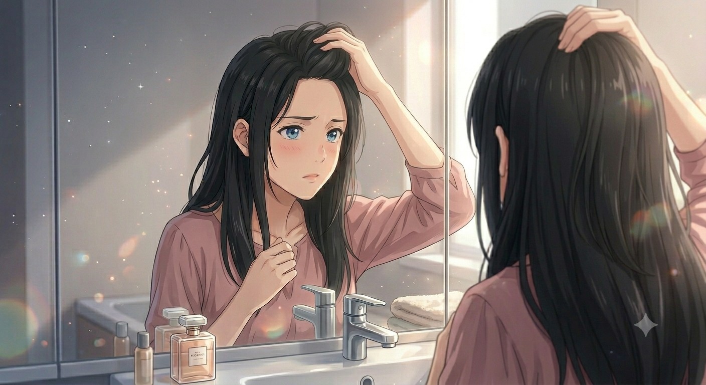 根元がぺたんこになった髪を気にして鏡を見る女性