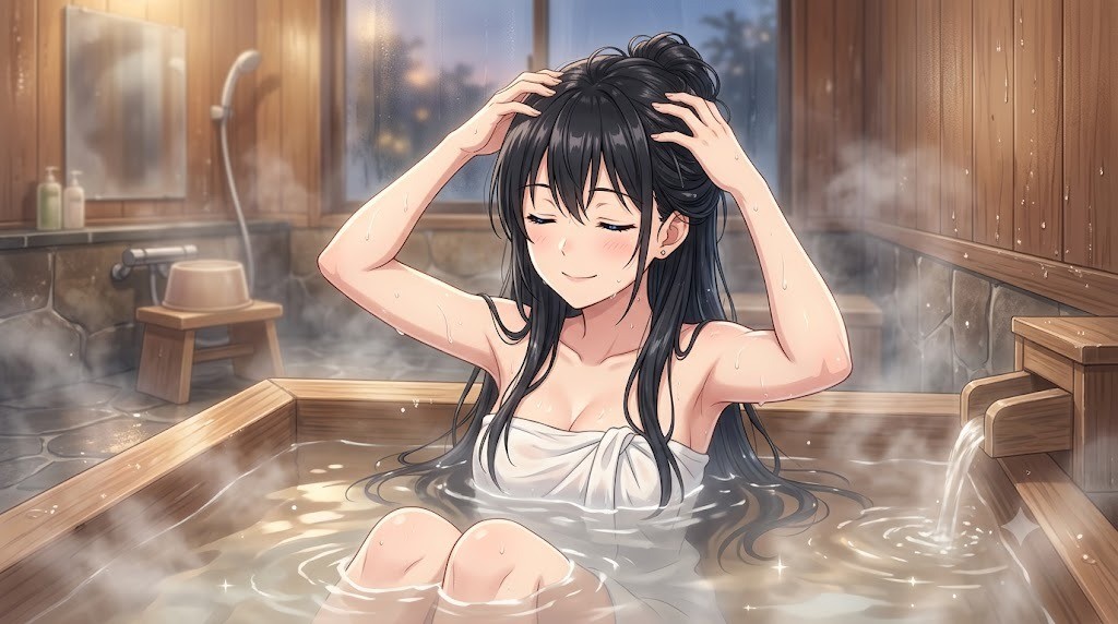 湯船に浸かりながら指の腹で頭皮をマッサージする女性