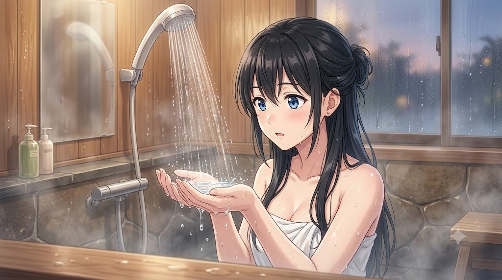 シャワーから落ちるお湯を手のひらで受けて確かめる女性